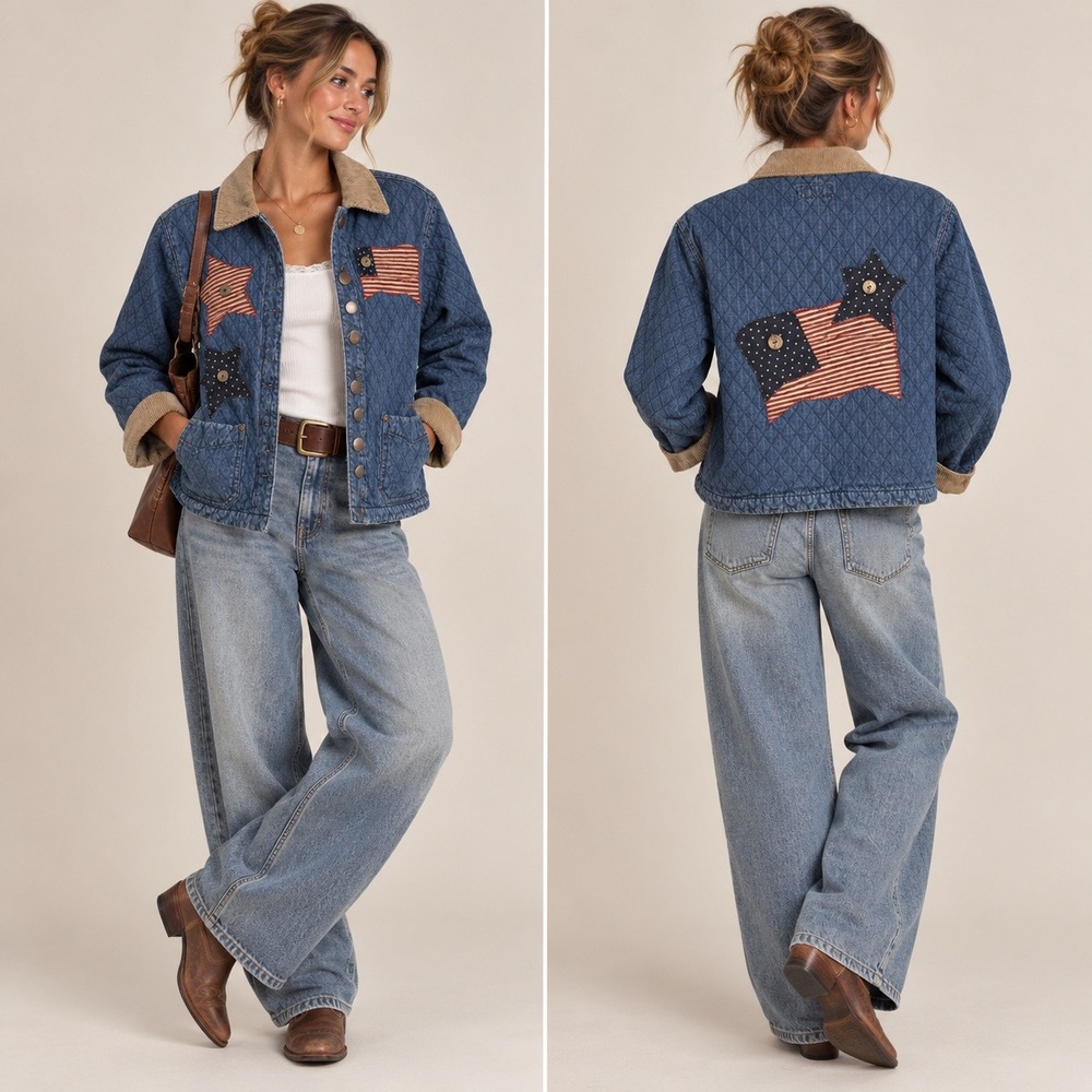 Haiks Vintage 90s Quilted Denim Americana Flag Star Jacket Corduroy Cottage S - Picture 1 of 10